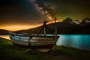 un barco se sienta en el apuntalar de un lago debajo un estrella lleno cielo. generado por ai foto