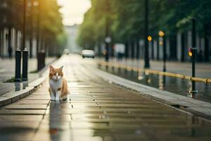 un gato caminando en un mojado calle en el lluvia. generado por ai foto
