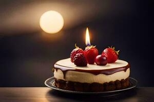 a cake with a candle on top and berries. AI-Generated photo