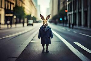 a rabbit in a suit and tie standing on the street. AI-Generated photo