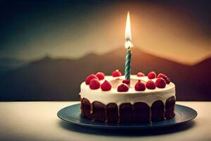 a birthday cake with a single candle on top. AI-Generated photo