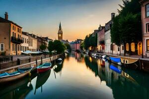 boats are docked along a canal in a city. AI-Generated photo