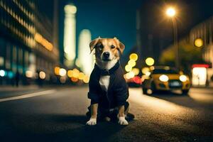 un perro en un traje sentado en el calle a noche. generado por ai foto