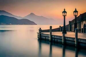 a pier with a lamp post and a mountain in the background. AI-Generated photo