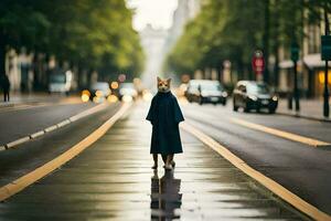 un perro caminando abajo un calle en el lluvia. generado por ai foto