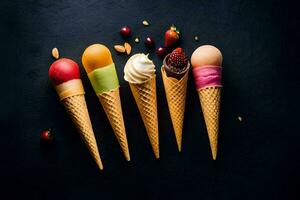 five ice cream cones with different flavors on a black background. AI-Generated photo