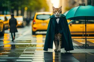 un gato en un smoking en pie en un ciudad calle. generado por ai foto