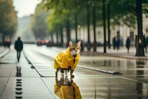 a cat in a raincoat walking on a wet street. AI-Generated photo