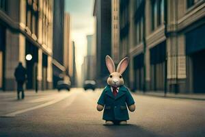 un Conejo vistiendo un traje y Corbata en pie en el medio de un ciudad calle. generado por ai foto