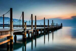 a pier with wooden posts and a mountain in the background. AI-Generated photo