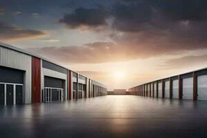 a large warehouse with a sun setting behind it. AI-Generated photo