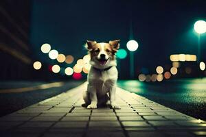 a dog sitting on the sidewalk at night. AI-Generated photo