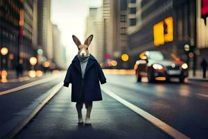 a rabbit in a coat standing on the street. AI-Generated photo