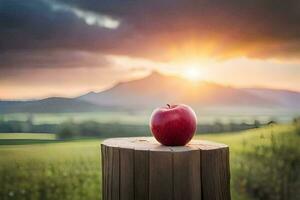a red apple on a wooden post in a field. AI-Generated photo
