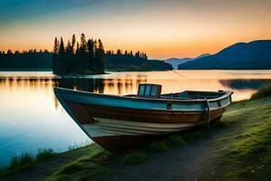 a boat sits on the shore of a lake at sunset. AI-Generated photo