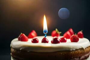 a birthday cake with a single candle. AI-Generated photo