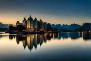 un castillo se sienta en el apuntalar de un lago a oscuridad. generado por ai foto