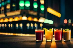 Tres lentes de jugo en un mesa en frente de un ciudad. generado por ai foto