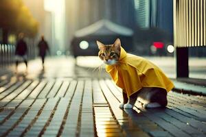 a cat in a yellow raincoat on a street. AI-Generated photo