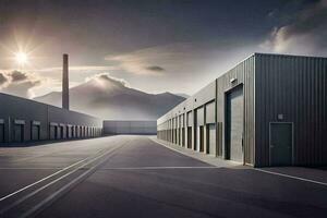 a large warehouse with a mountain in the background. AI-Generated photo