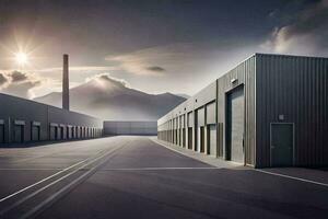 a large warehouse with a mountain in the background. AI-Generated photo