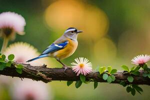 un azul y amarillo pájaro es sentado en un rama. generado por ai foto
