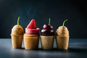 four ice cream cones with different types of desserts. AI-Generated photo