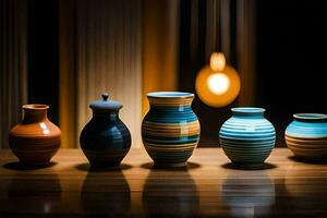 five vases are lined up on a table. AI-Generated photo