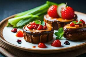 Tres mini pasteles con fresas y chocolate salsa. generado por ai foto