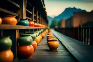 colorful vases lined up on a wooden walkway. AI-Generated photo