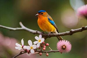 a colorful bird sits on a branch with pink flowers. AI-Generated photo