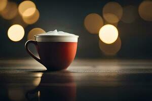 a red cup of coffee on a table with lights in the background. AI-Generated photo