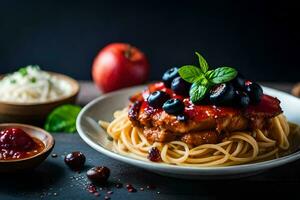 chicken with pasta and sauce on a plate. AI-Generated photo