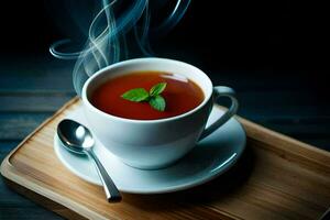 a cup of tea with a mint leaf on top. AI-Generated photo
