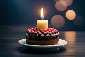 a candle is lit on a chocolate cake. AI-Generated photo