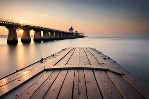 a pier with a long wooden dock at the end of the water. AI-Generated photo