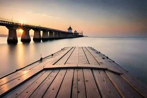 un muelle con un largo de madera muelle a el final de el agua. generado por ai foto