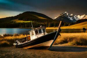 a boat sits on the shore of a lake. AI-Generated photo