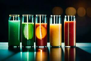 five different colored juices in glass bottles. AI-Generated photo
