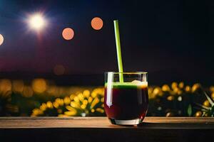 a glass of juice with a straw on a wooden table. AI-Generated photo