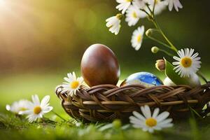 easter eggs in a basket on the grass. AI-Generated photo