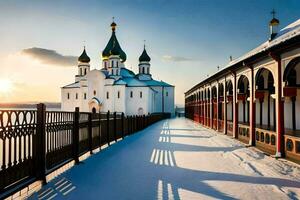 un Iglesia en el nieve con un cerca y un cerca. generado por ai foto