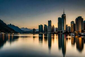 the city skyline is reflected in the water at sunset. AI-Generated photo