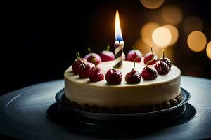 a birthday cake with a single candle on top. AI-Generated photo