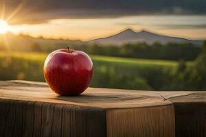 un manzana se sienta en un de madera mesa en frente de un montaña. generado por ai foto