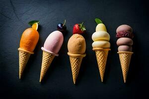 five different ice cream cones with different flavors. AI-Generated photo