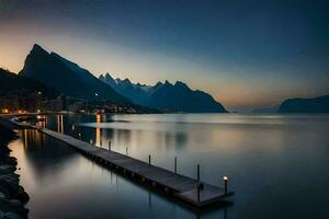 a pier in the middle of a lake at dusk. AI-Generated photo