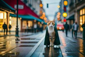 un gato en un capa caminando abajo un calle. generado por ai foto