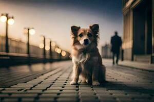 a dog sitting on a brick walkway in front of a building. AI-Generated photo