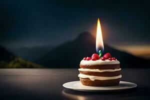 a single candle on a cake with a mountain in the background. AI-Generated photo